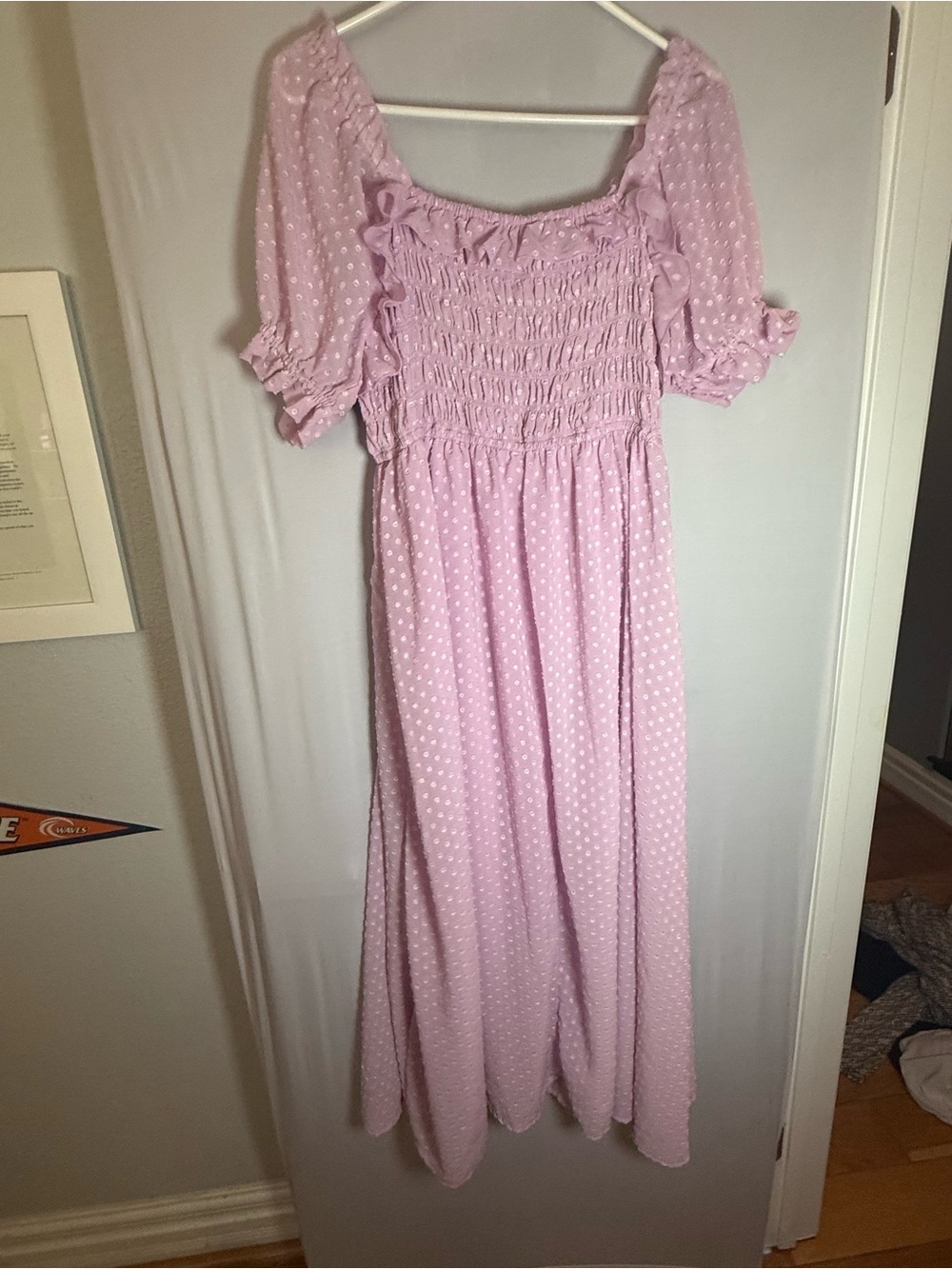 Indigo Rose Pink Swiss Dot Smocked Puff Sleeve Midi Dress Women’s Large - Picture 4 of 4